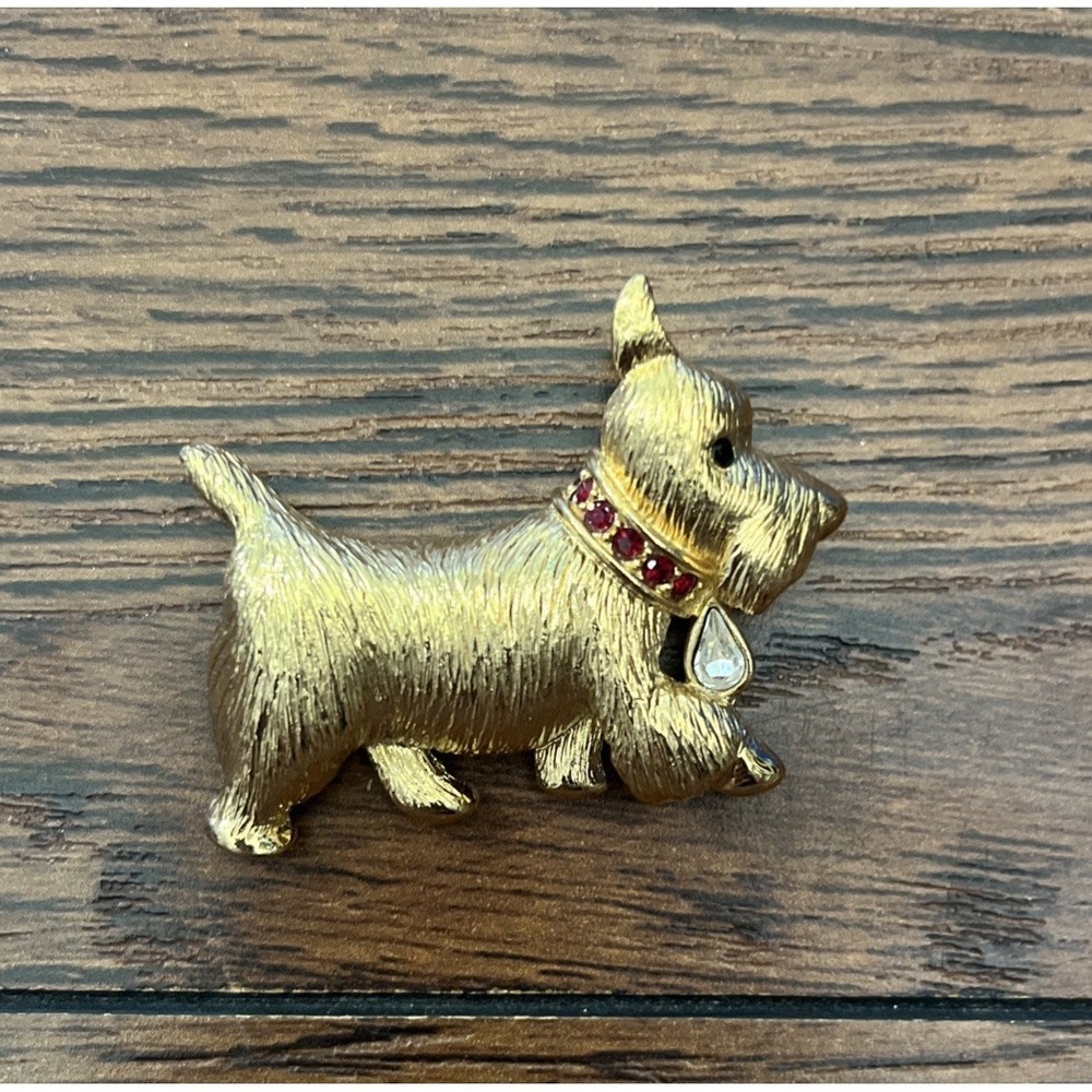 NAPIER Vintage Gold Tone Scottie Dog Pin Brooch Rhinestones